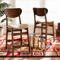 Baxton Studio RH378P-SandWalnut Bent Seat-PC Baxton Studio Katya Mid-Century Modern Sand Fabric Upholstered and Walnut Brown Finished Wood 2-Piece Counter Stool Set